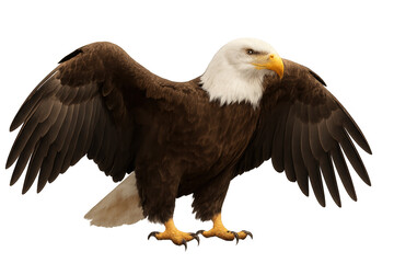 Obraz premium Bald eagle soaring, majestic raptor stretching wide wings, transparent background showcasing predatory profile for graphic design