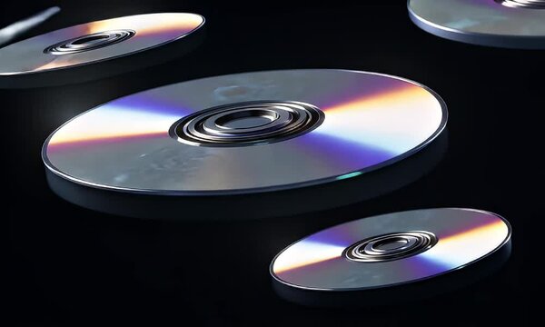 Reflective Compact Discs Floating On Black Background With Light Reflections