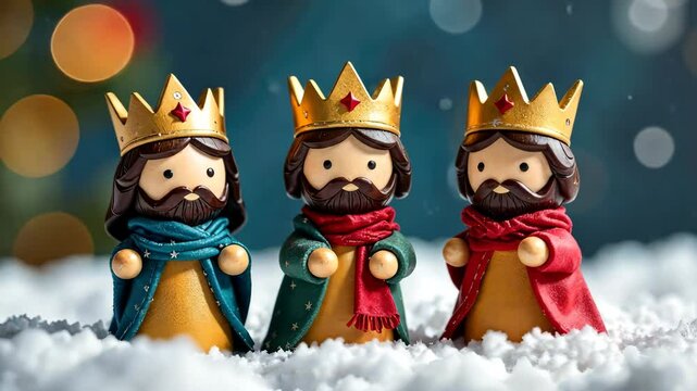 Three Wise Men figurines stand in the snow, symbolizing the Epiphany. Concept of: Epiphany tradition. Three kings day. Dia de los Reyes