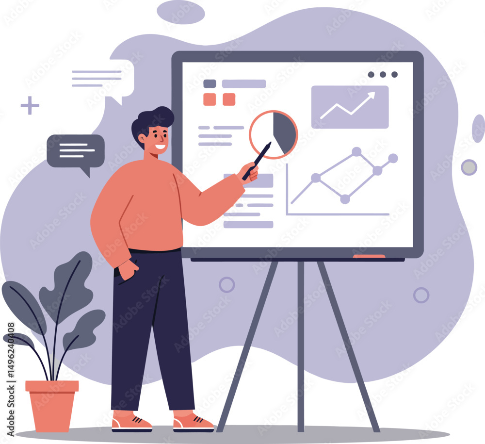 Poster businessman explaining financial charts and graphs on presentation board in office environment vecto
