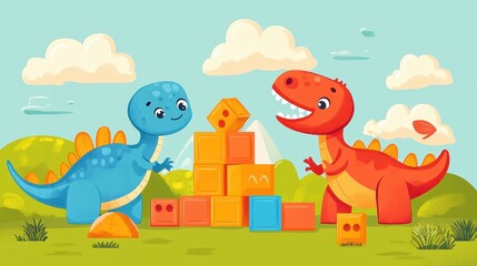 Fototapeta premium Playful dinosaurs construct a tower of colorful blocks.