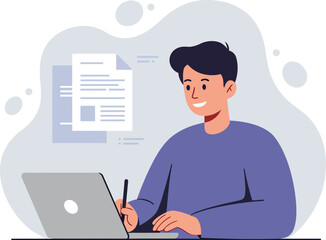 Young man working on laptop writing notes with digital pen in casual setting vector illustration 