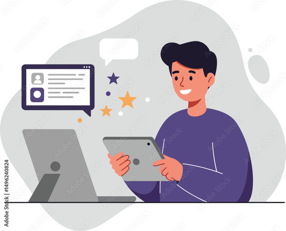Aufkleber young man using tablet and desktop computer for online communication and feedback interaction vector