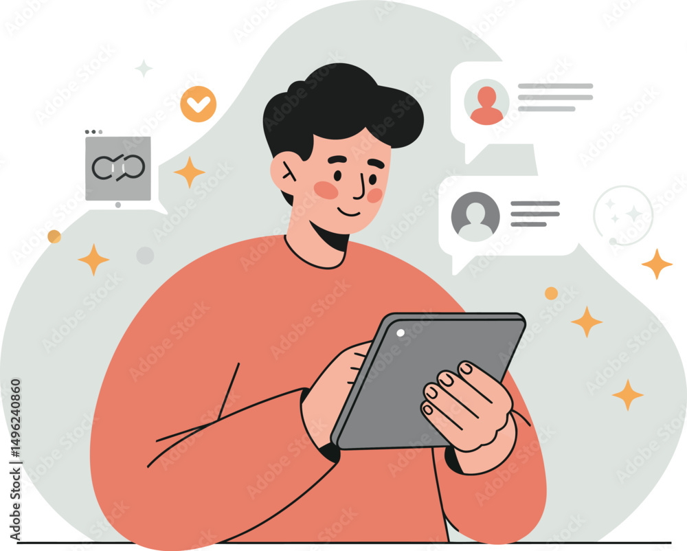 Poster young man using digital tablet for social interaction with user icons and notifications vector illus