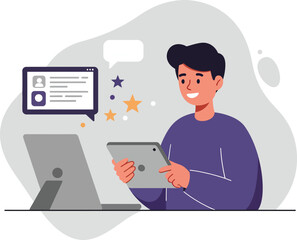 Young man using tablet and desktop computer for online communication and feedback interaction vector illustration 