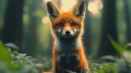 A curious young fox in a sun-drenched forest