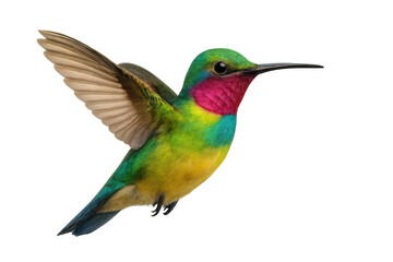 Fototapeta premium Vibrant hummingbird hovers in mid-air, its colorful plumage on full display against a transparent background