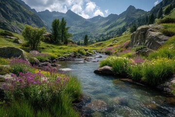 Obraz premium A Serene Alpine Meadow With Wildflowers 1