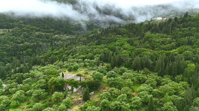 Aerial drone view of Odysseus Palace Ithaca ancient building school of Homer Greece 