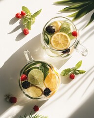 Flat-lay of summer fruit-infused water pitchers with tropical decor