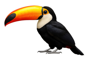 Naklejka premium Studio shot capturing vibrant toucan with multicolored beak perched against clean white backdrop, showcasing distinctive tropical feather patterns