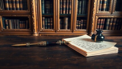 Vintage Writing Desk with Quill and Manuscript