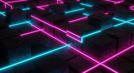 Obraz premium Abstract neon grid of dark cubes