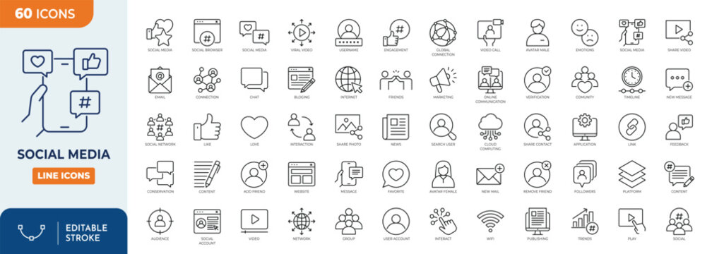 Social Media icon set. Containing social network, connection, networking, friends, comment, profile, like, share, and more. Outline Icon Collection. Editable stroke. Vector illustration	