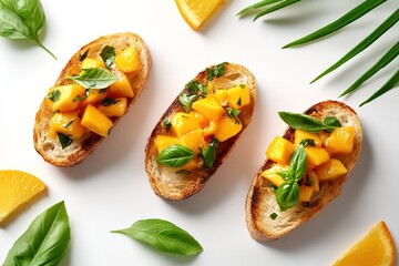Flat-lay of summer bruschetta trio with mango salsa and basil