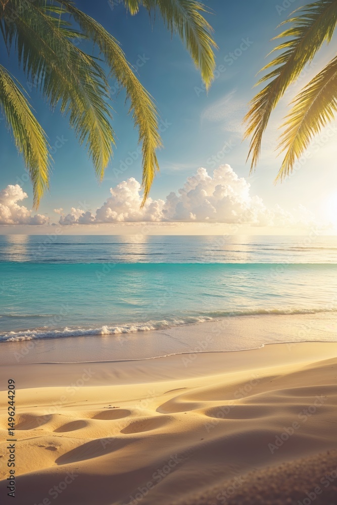 Aufkleber breathtaking view of a tranquil beach at sunset with palm trees and soft waves lapping on fine sand