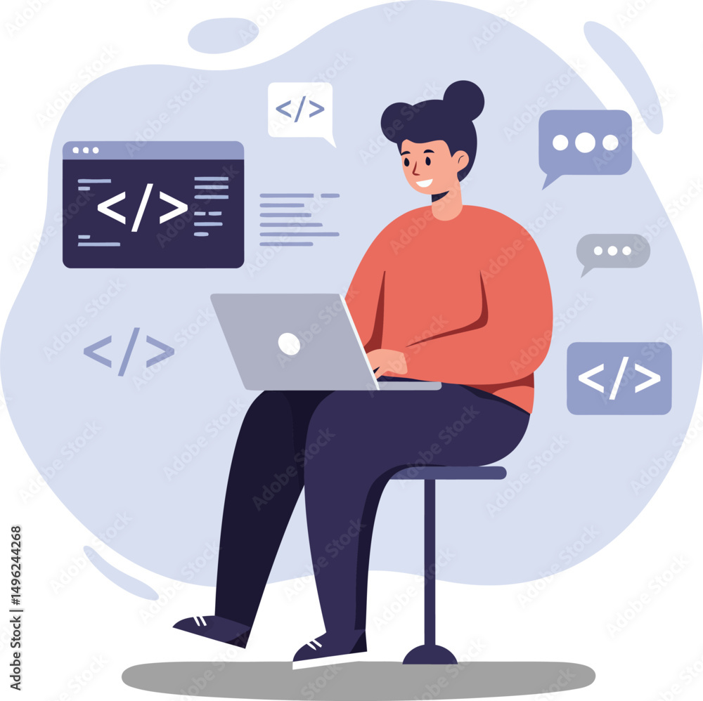 Poster person sitting on chair coding on laptop with programming symbols and chat bubbles around workspace 