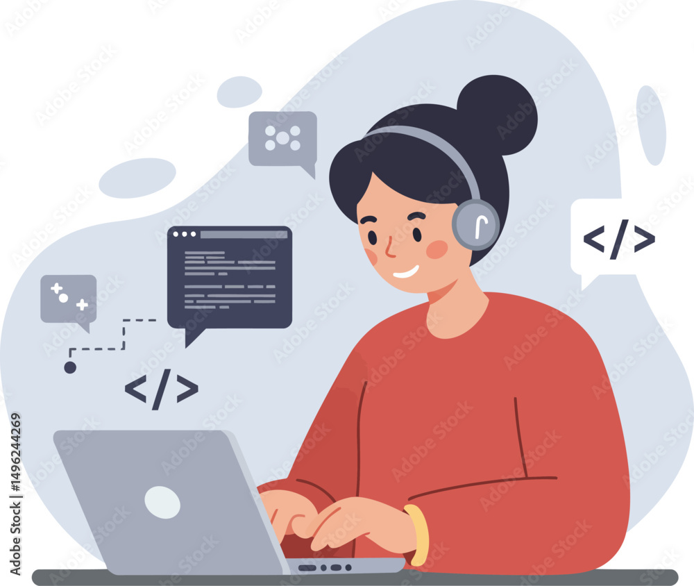 Poster woman programming on laptop with headset coding software development vector illustration