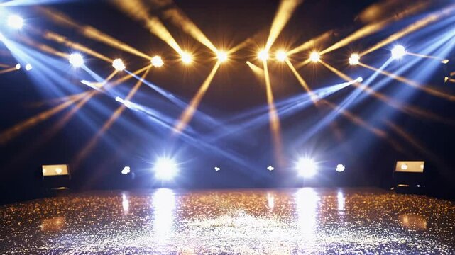 Dramatic lighting beams shine across a dark theater stage with gold confetti floating in the air, concept of celebration, performance, and showtime anticipation