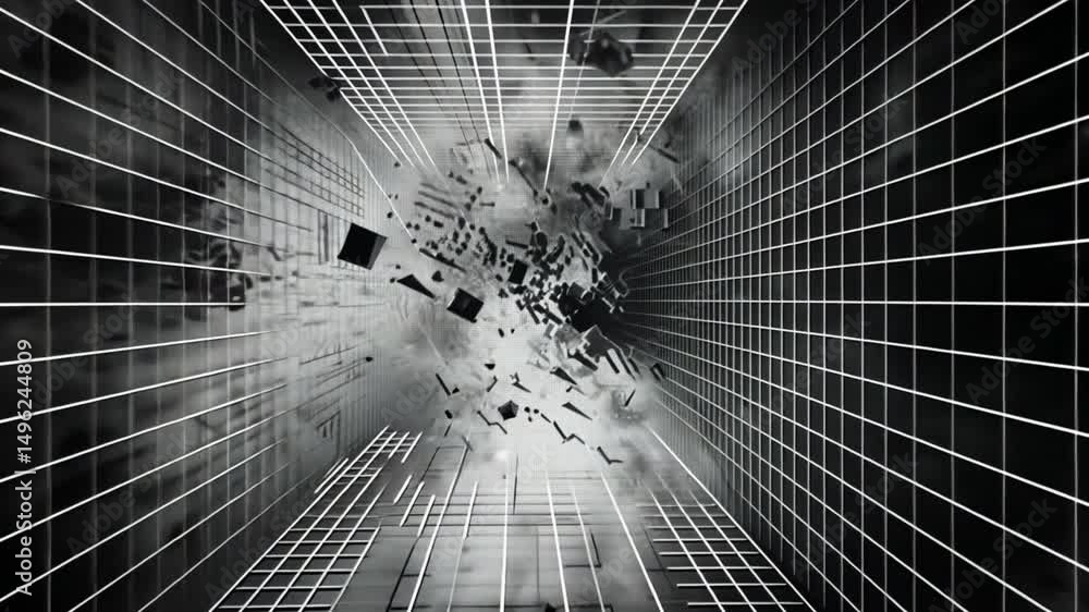 Poster dynamic abstract geometric explosion three dimensional black and white grid design with depth and mo