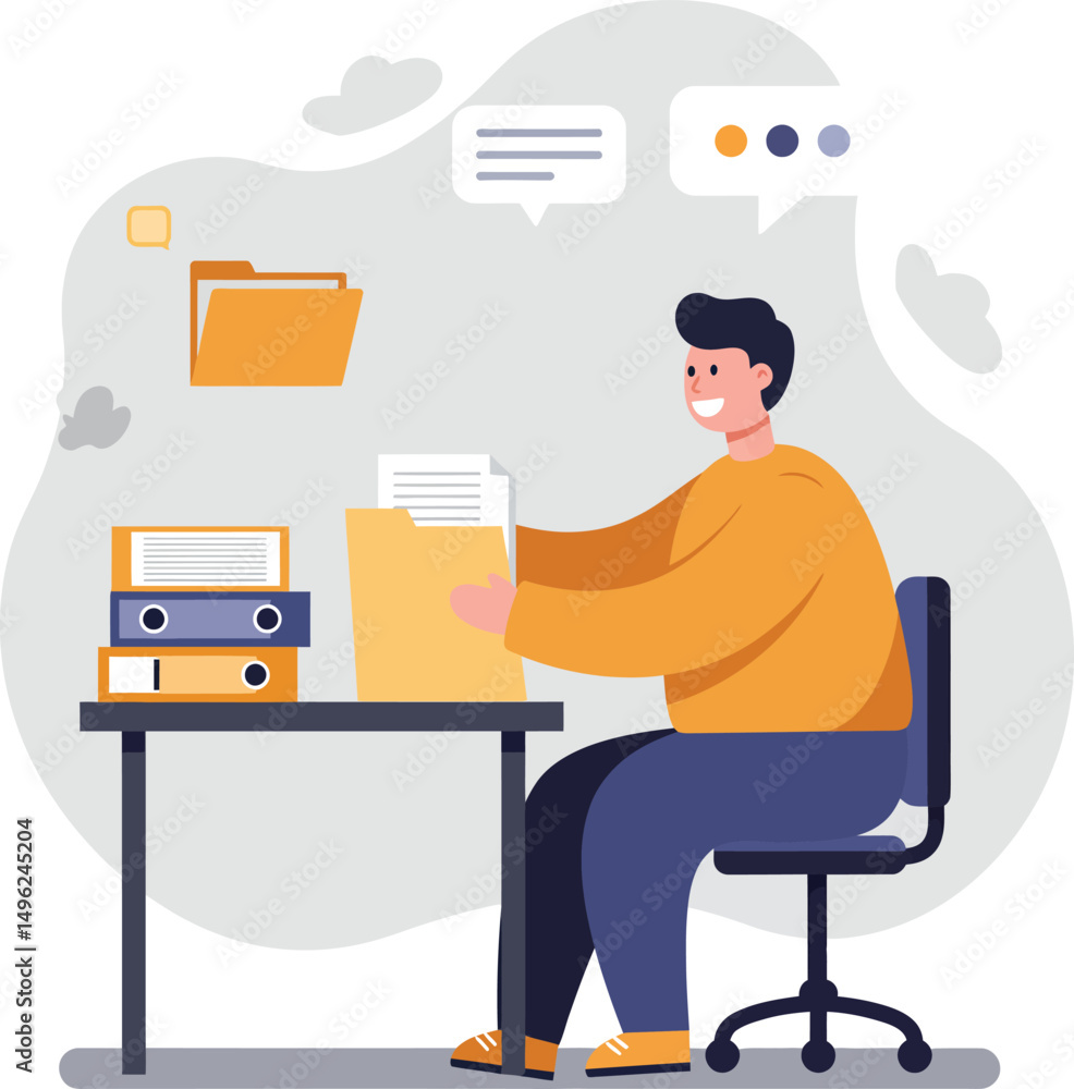 Poster man organizing documents at desk filing papers and office folders vector illustration