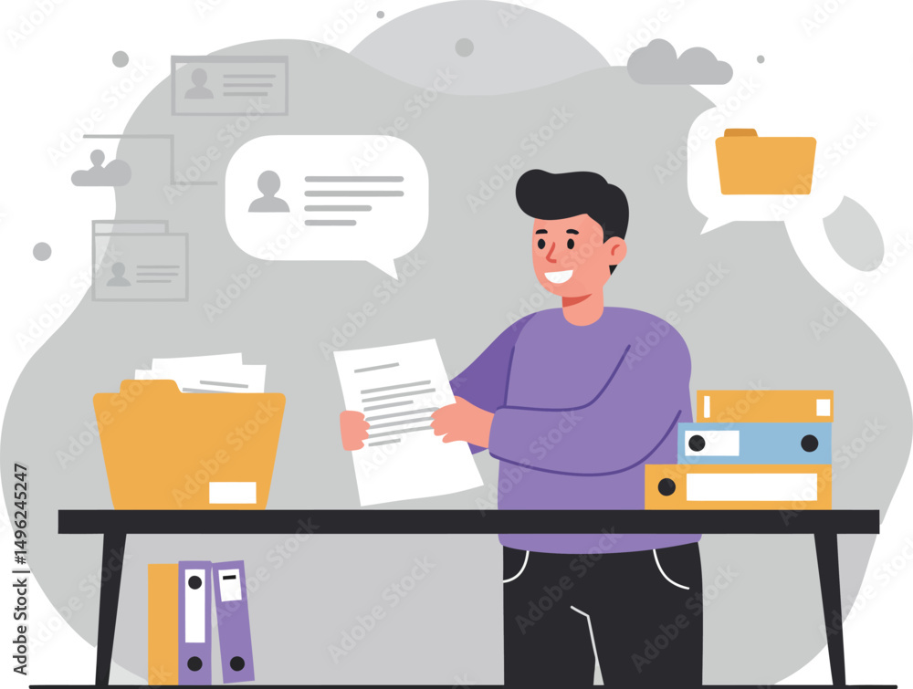 Poster man organizing documents and files at office desk with folder icons vector illustration