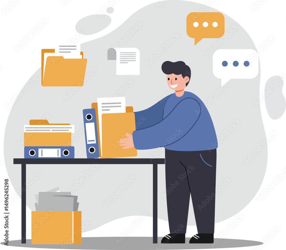Poster office worker organizing files with folders and documents on table in workspace vector illustration