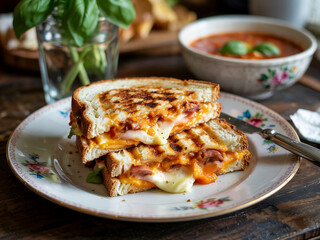 Grilled Cheese: Golden sandwich oozing with melted cheddar. Buttered sourdough with crispy edges—childhood comfort food upgraded with tomato soup for dipping.