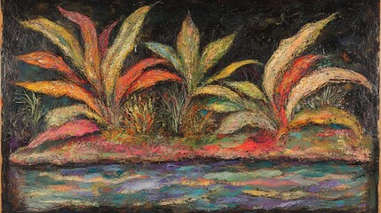 Tropical Plants with Night River, and Art.