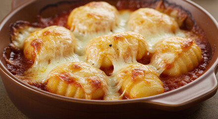 Baked gnocchi with cheese and tomato, hot and glossy, soft and creamy comfort food.