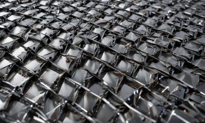 Intricate metallic mesh, polished chrome finish, sharp angles, metallic, design, cold