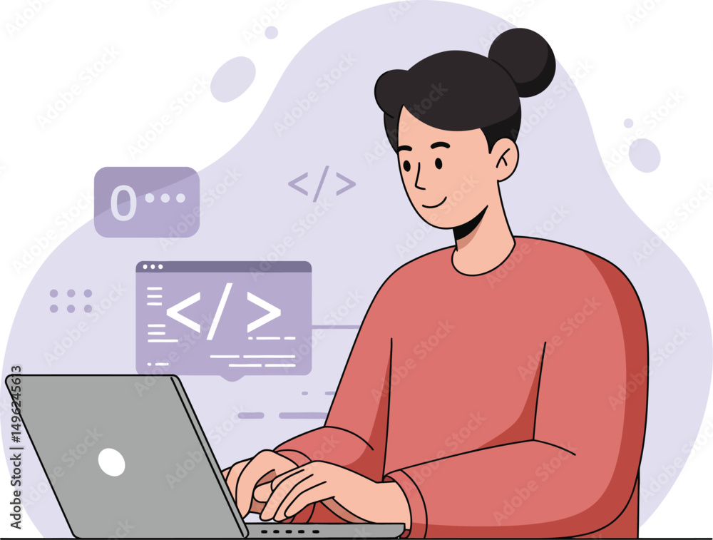Poster woman programming on laptop typing code in casual red sweater at desk vector illustration