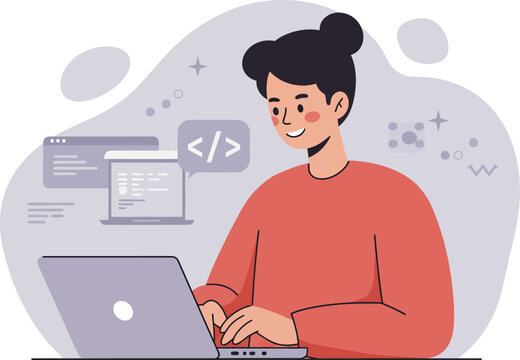 Female programmer working on laptop coding software development technology vector illustration 