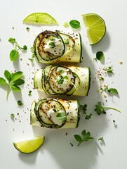 Flat-lay of grilled zucchini rolls with herbed cheese and microgreens