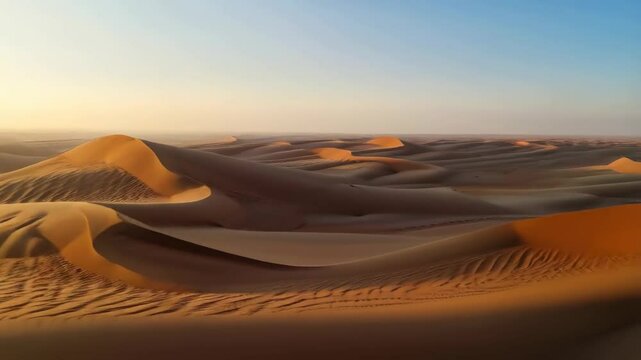 Golden sunset illuminates vast desert landscape with sweeping sand dunes and tiny figures walking along the crests under bright sunlight