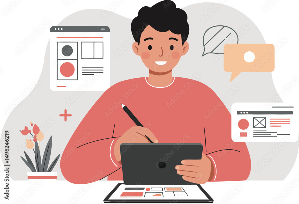 Poster young man using digital tablet for graphic design and creative work with modern user interface eleme