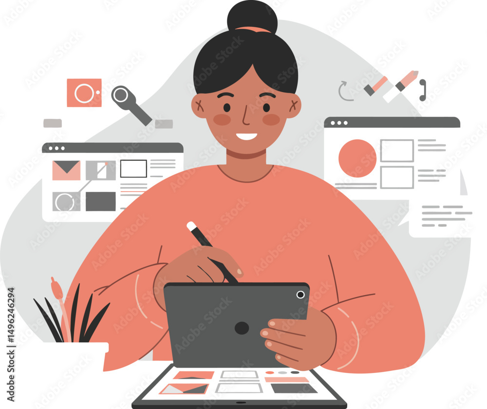 Poster woman using digital tablet for creative design work in modern workspace with digital tools and chart