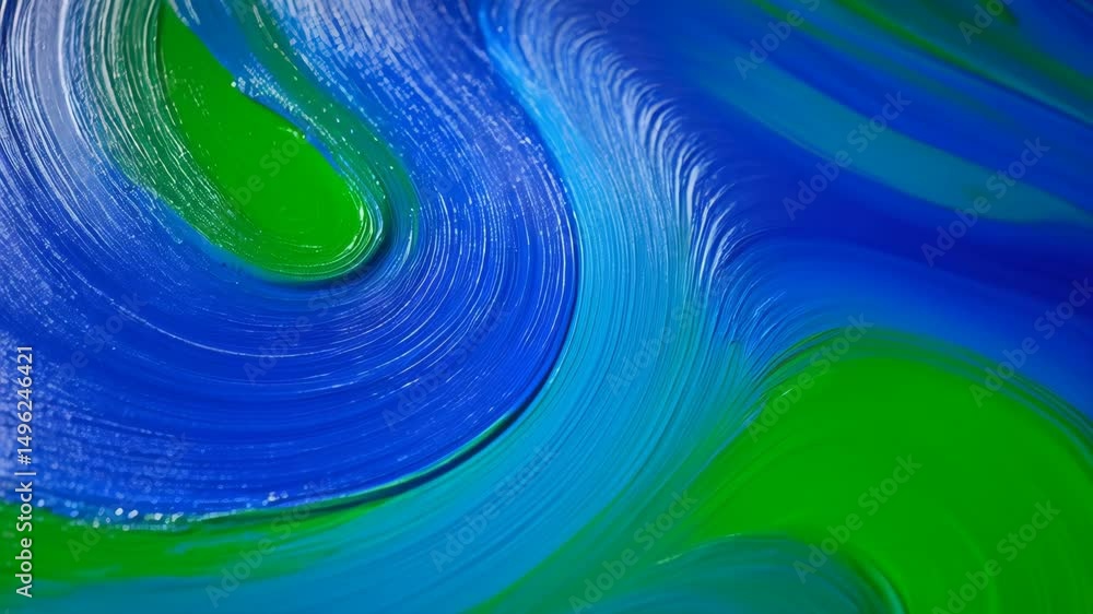Poster macro shot of vibrant blue and green textured paint strokes in swirling patterns, creating abstract 