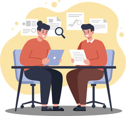 Two men working together on business documents and laptop in office environment teamwork concept 