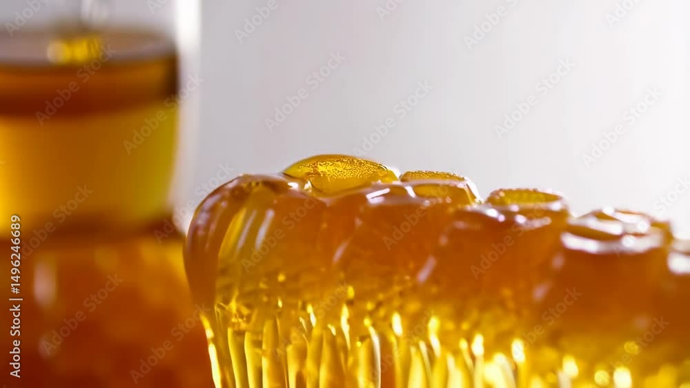 Poster close-up of honey dripping from honeycomb with golden liquid in a glass container, creating a sweet 