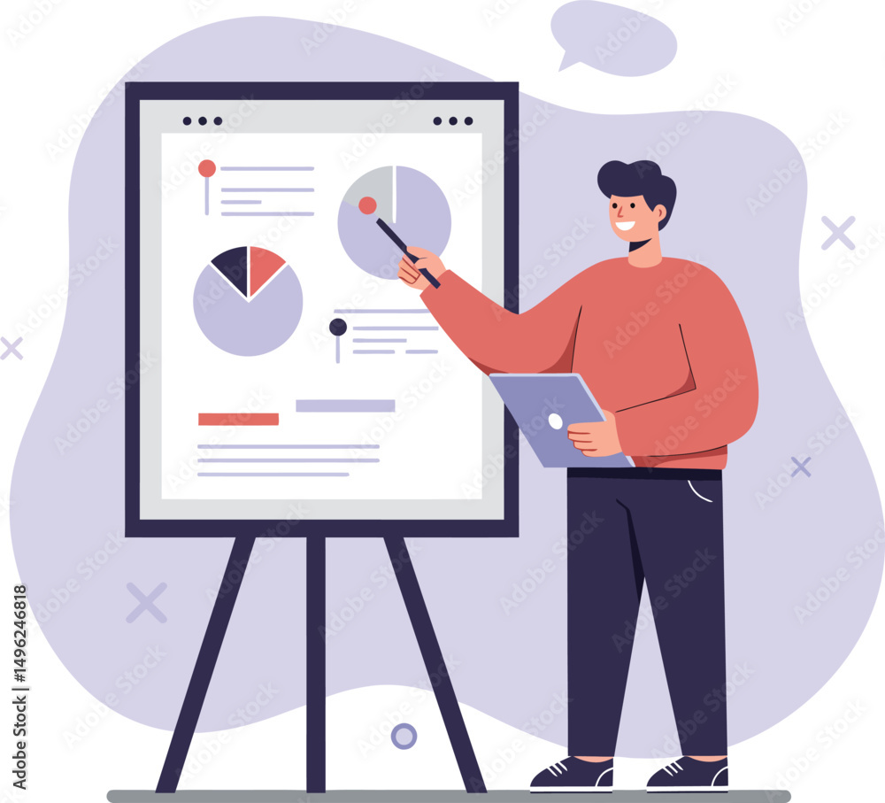 Poster man presenting business analytics charts and graphs on board with laptop in modern office vector ill