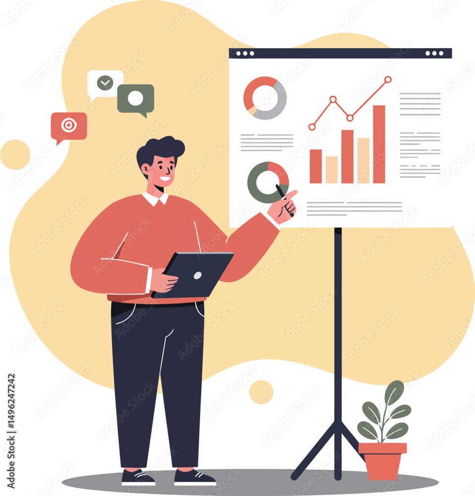 Poster man presenting business data using laptop and chart analytics in modern office setting vector illust