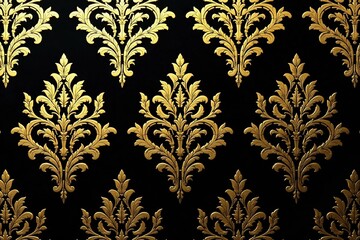 Large-scale damask pattern with swirling acanthus leaves, gold on black , home, damask