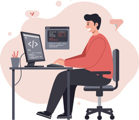 Male programmer working on computer coding at modern desk in office environment with digital interface elements vector illustration 