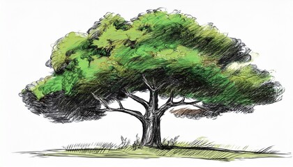 single tree with a dense green crown isolated on a white background hand drawn illustration in ink grunge style