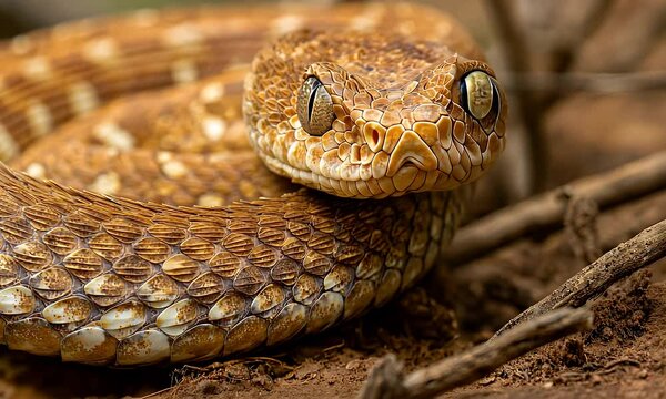 Detailed Peringuey Adder Close Up Shot Scales and Eyes with Natural Light on Sandy Ground