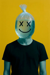 Conceptual Portrait of Person with Water Bag Head and Smiley Face