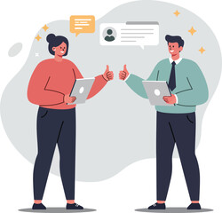 Businesspeople collaborating with laptops giving thumbs up in office communication vector illustration 