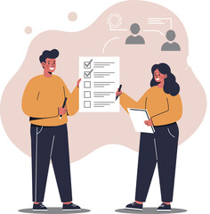 People collaborating on checklist and communication in professional lifestyle office setting vector illustration 