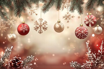 Elegant Christmas wishcard design snowflake ornaments pine branches red and gold theme soft lighting without any text